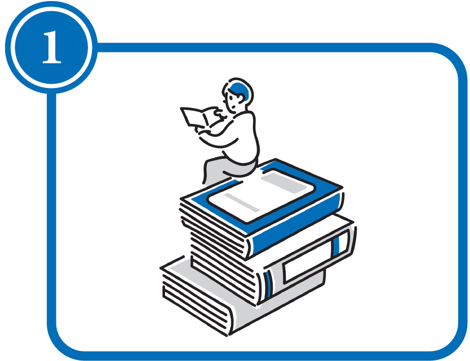 積み上がる本の上に人が座る絵